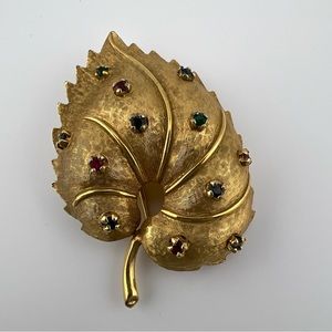 Vintage Jomaz Multicolored Leaf Brooch Joseph Mazer Gold Colored. Signed.